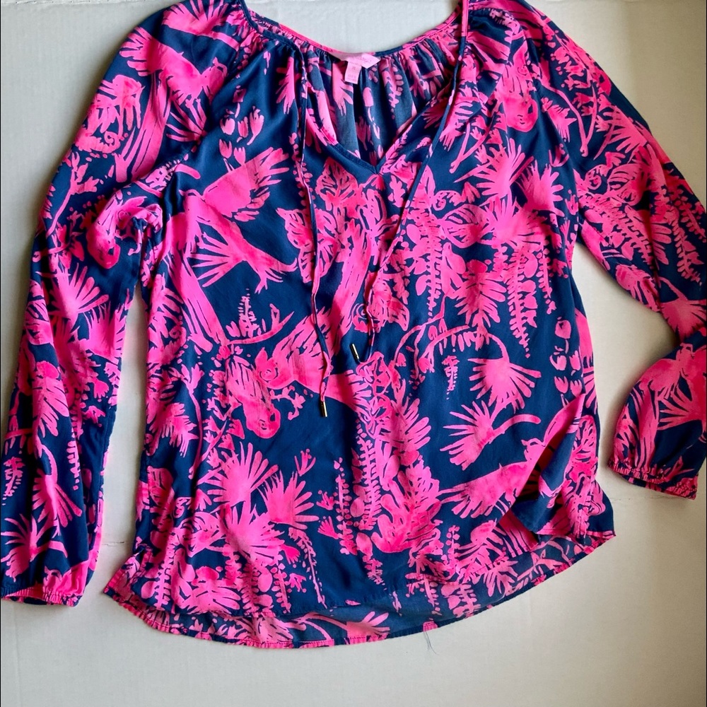 Lilly Pulitzer Willa Top, Indigo Night Caw Pink, Sz XL, Beach, Chic, Resort
